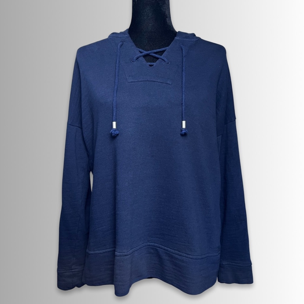 J. Jill Navy Blue Criss-Cross Tassel Drawstring Long Sleeve Hooded Pullover, XS